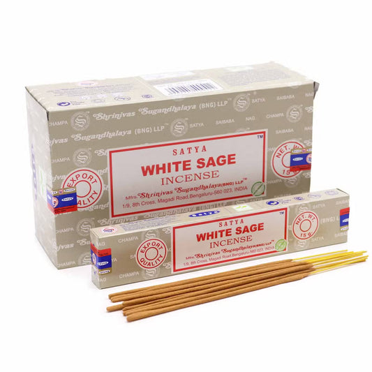 Satya White Sage rökelse 15 g – visas med displaylåda och pinnar; priset avser 1 ask