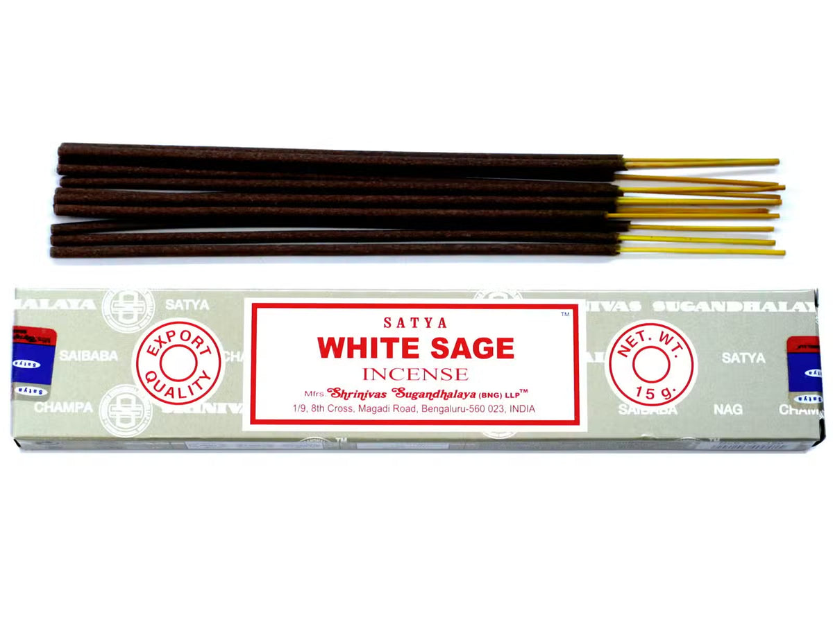 Satya White Sage rökelse 15 g – en ask med rökelsepinnar