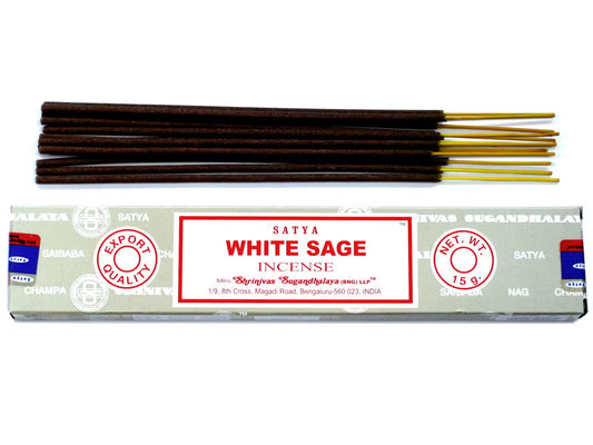 Satya White Sage rökelse 15 g – en ask med rökelsepinnar